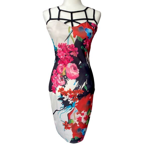 Womens Strappy Sleeveless Floral Bodycon Dress Knee Length Stretch Size Small - Picture 1 of 4